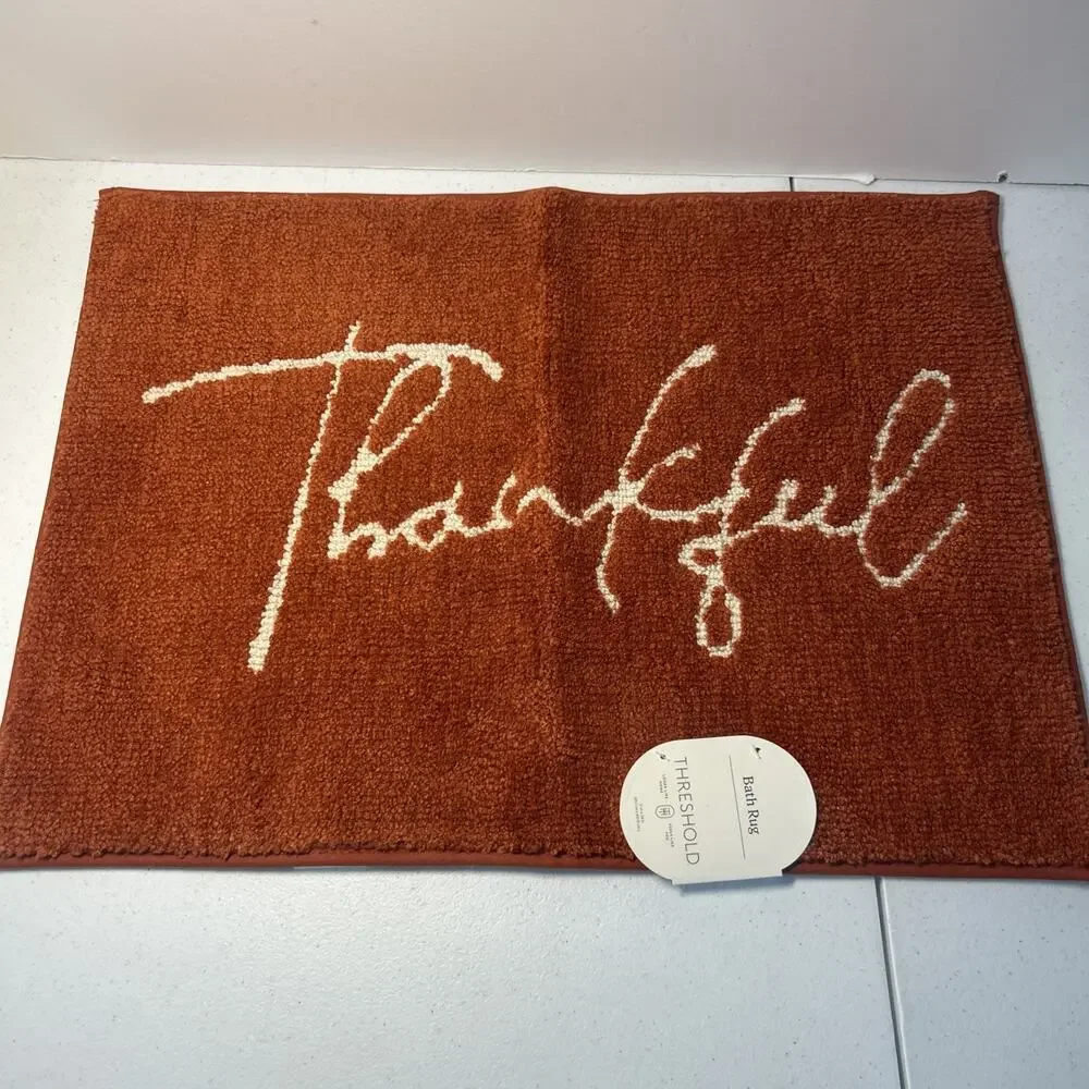 Threshold Bath Rug- “Thankful” Orange, With Cream Letters easy care -17” x 24”